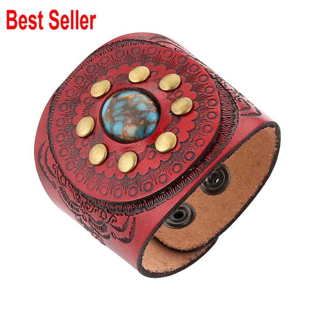 Adjustable Faux Leather Cuff Bracelet with Turquoise Accents
